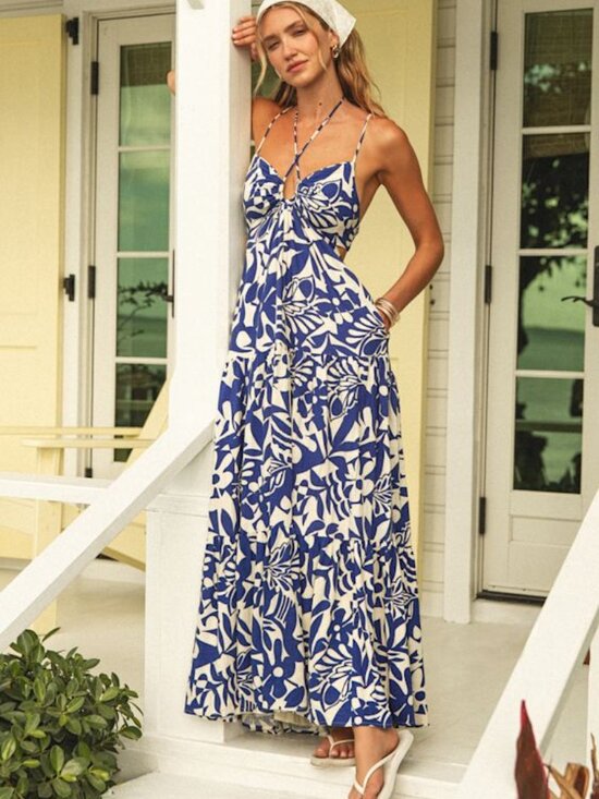 Lulus Dresses & Skirts - Lulus Mykonos Memories Blue And Ivory Abstract Maxi Dress With Pockets - Size L